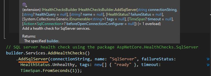 Add SqlServer health check with SqlServer package